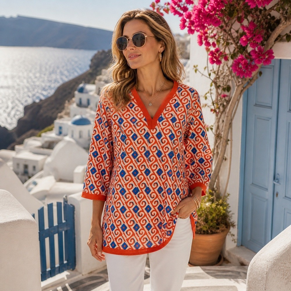 Tracy Negoshian Geometric Tunic Top Womens Size XL Orange Blue V-Neck Resortwear